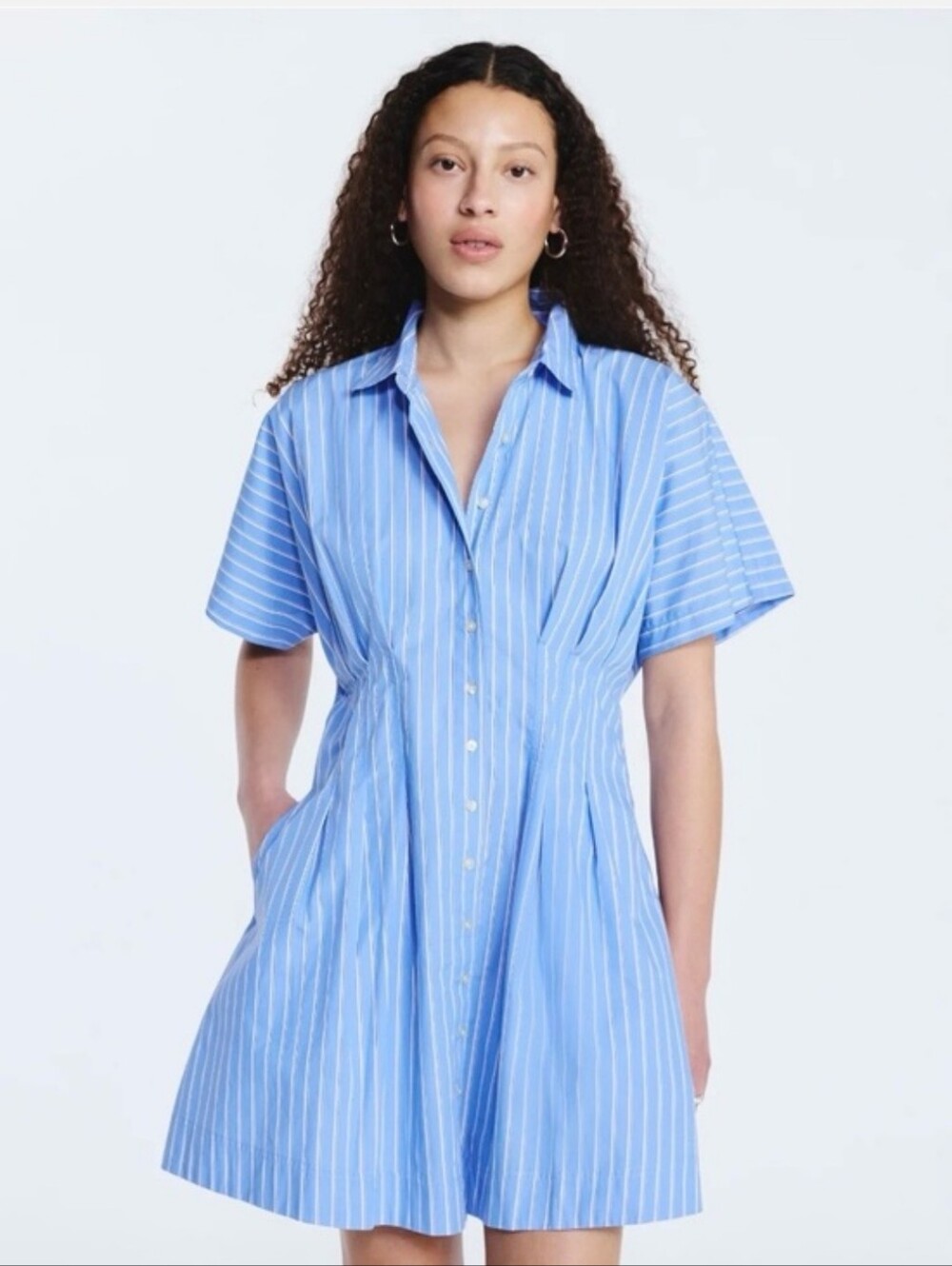 Free Assembly Women's Cotton Corset Mini Shirtdress with Short Sleeves Blue